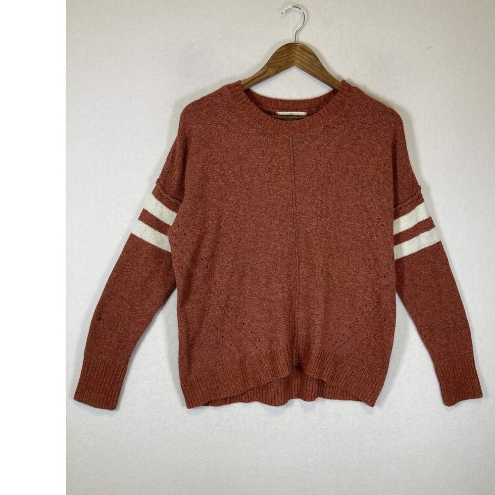 Varsity Pink Rose Women L Rust Orange Striped Sleeve Pointelle Knit Sweater